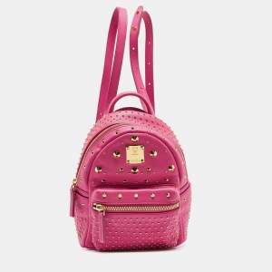 MCM Dark Pink Leather Mini Studded Stark Backpack