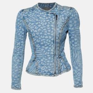 McQ by Alexander McQueen Blue Animal Patterned Jacquard Denim Jacket S
