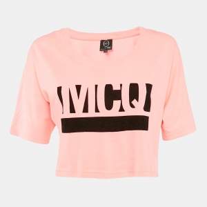 McQ by Alexander McQueen Pink Logo Print Cotton Crop T-Shirt XS