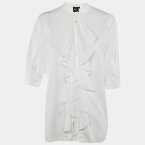 Pre Owned McQ By Alexander McQueen White Cotton Ruffle Detail Blouse L