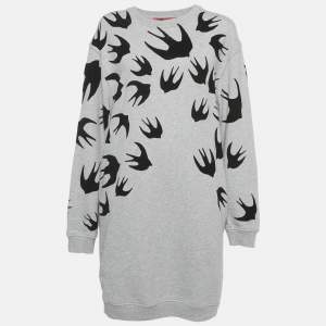 Pre Owned McQ by Alexander McQueen Grey Flocked Swallow Jersey Sweat Dress L