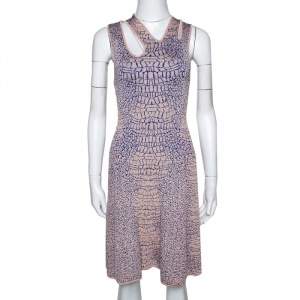 McQ by Alexander McQueen Pink and Blue Crocodile Patterned Jacquard Fit and Flare Dress XS