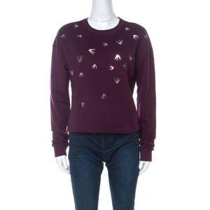 Pre Owned McQ by Alexander McQueen Burgundy Knit Swallow Embellished Jumper XS 