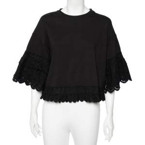 McQ by Alexander McQueen Black Cotton Eyelet Trimmed Ruffled T-Shirt S