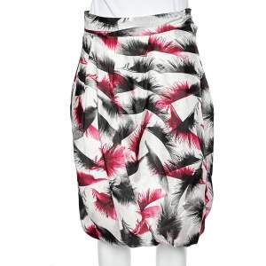 McQ by Alexander McQueen White Feather printed Silk Pleated Balloon Skirt L