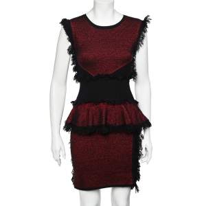 Pre Owned McQ by Alexander McQueen Red & Black Tweed Knit Fringed Detail Mini Dress M