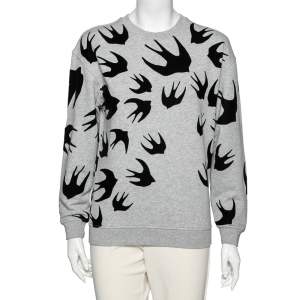 McQ by Alexander McQueen Grey Flocked Swallow Cotton Knit Crewneck Sweatshirt XS