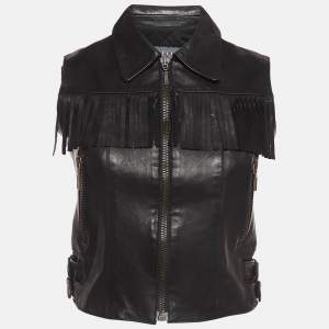 McQ by Alexander McQueen Black Leather Fringe Detailed Vest S