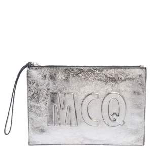 Pre Owned MCQ by Alexander McQueen Metallic Silver Leather Wristlet Clutch