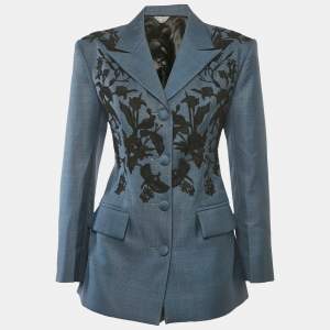Mero Blue Embroidered Canvas Tailored Blazer S