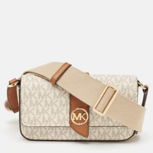 Pre Owned Michael Kors White/Brown Signature Coated Canvas and Leather Greenwhich East West Crossbody Bag