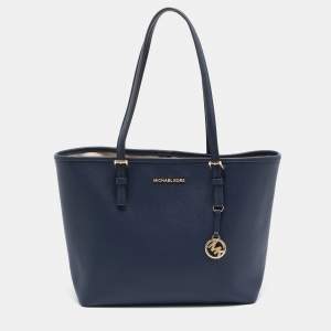 Pre Owned Michael Kors Navy Blue Leather Medium Jet Set Travel Tote