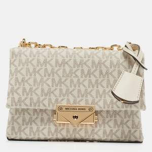 Pre Owned Michael Kors Cream Signature Coated Canvas and Leather Small Cece Shoulder Bag