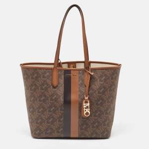 Pre Owned Michael Kors Brown/Black Empire Signature Coated Canvas and Leather Large Eliza Tote