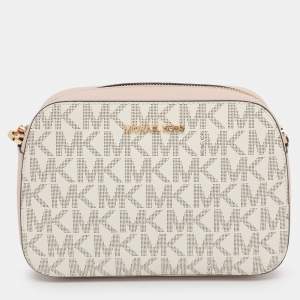 Michael Kors Pink/Beige Signature Coated Canvas and Leather Jet Set Crossbody Bag