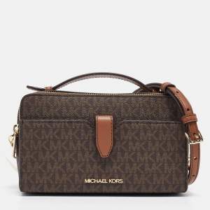 Pre Owned Michael Kors Brown Brown Signature Coated Canvas Double Zip Phone Crossbody Bag