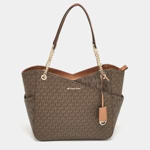 Michael Kors Dark Brown Signature Coated Canvas Large Jet Set Travel Tote