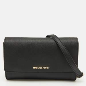 Pre Owned Michael Kors Black Leather Jet Set Flap Crossbody Bag