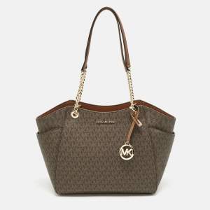 Michael Kors Brown Signature Coated Canvas Large Jet Set Travel Chain Tote