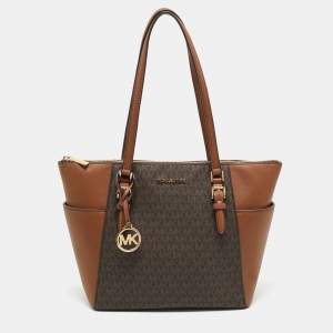 Michael Kors Brown/Tan Signature Coated Canvas Large Charlotte Top Zip Tote