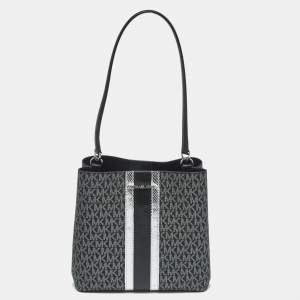 Pre Owned Michael Kors Black Signature Coated Canvas and Snakeskin Embossed Leather Medium Pratt Bucket Bag