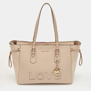 Pre Owned Michael Kors Pink Leather Large Voyager Shopper Tote