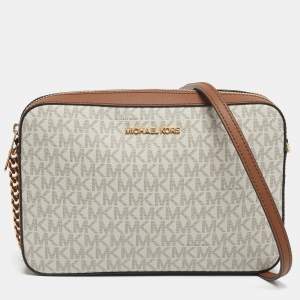 Pre Owned Michael Kors White/Brown Signature Coated Canvas and Leather Large East West Jet Set Crossbody Bag