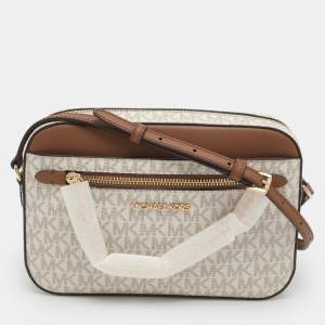 Pre Owned Michael Kors Jet Set EW Large White/Brown Signature Canvas and Leather Crossbody Bag