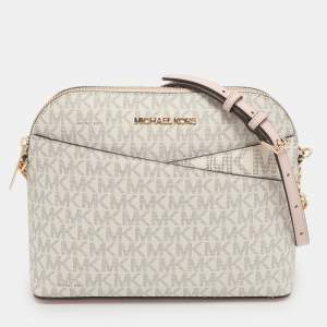 Pre Owned Michael Kors Jet Set Travel Medium White/Blush Pink Signature Coated Canvas Crossbody Bag