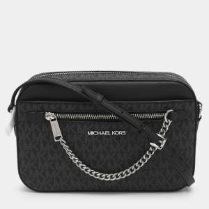 Pre Owned Michael Kors Jet Set EW Large Black Signature Canvas and Leather Crossbody Bag