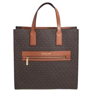 Michael Kors Brown/Tan Signature Coated Canvas and Leather Kenly Shopper Tote