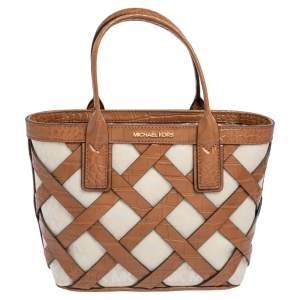 Pre Owned Michael Kors Brown/Ivory Croc Embossed Leather and Signature Canvas Sienna Tote