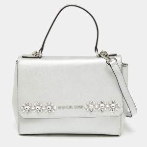 Pre Owned Michael Kors Silver Leather Small Ava Crystals Embellished Top Handle Bag