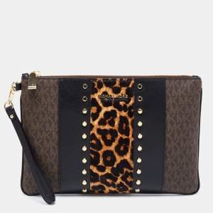 Pre Owned Michael Kors Brown/Black Signature Coated Canvas,Leather and Calfhair Jet Set Travel Wristlet Pouch