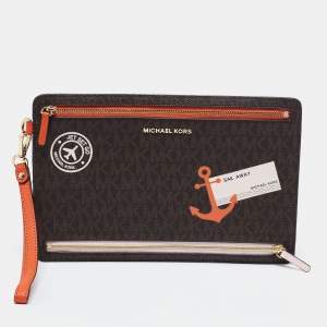 Pre Owned Michael Kors Brown Signature Coated Canvas Large Sail Away Travel Clutch