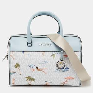 Michael Kors Blue/White Printed Coated Canvas And Leather Medium Jet Set Girls Duffle Bag