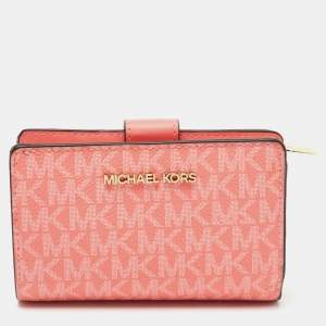مملوكة مسبقًا Michael Kors Coral Pink Signature Coated Canvas Jet Set Travel Compact Wallet