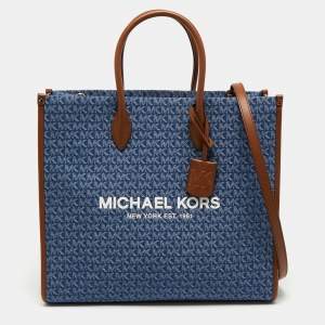 Pre Owned Michael Kors Blue/Brown Signature Denim and Leather Large Mirella Tote