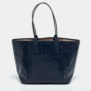 Pre Owned Michael Kors Navy Blue Signature Coated Canvas and Leather Large Jodie Tote