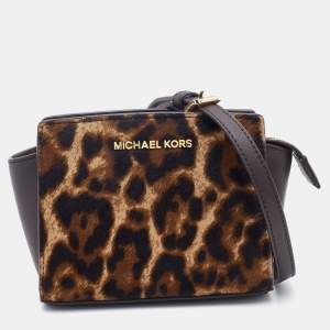 Pre Owned Michael Kors Brown Leopard Print Calf Hair and Leather Mini Selma Satchel