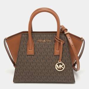 Pre Owned Michael Kors Brown/Tan Signature Canvas and Leather Small Avril Satchel