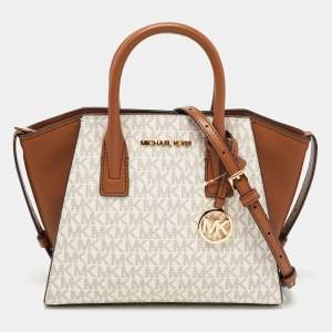 Pre Owned Michael Kors Brown/Off White Signature Coated Canvas and Leather Avril Satchel