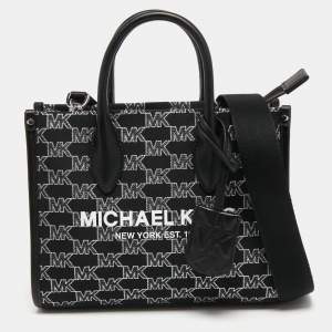 Pre Owned Michael Kors Black/white Signature Canvas and Leather Small Mirella Tote