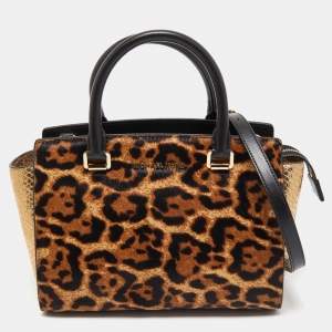 Pre Owned Michael Kors Multicolor Leopard Calf Hair and Python Effect Medium Selma Satchel