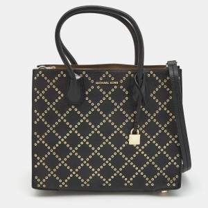 Pre Owned Michael Kors Black Leather Small Stud & Grommet Mercer Convertible Tote