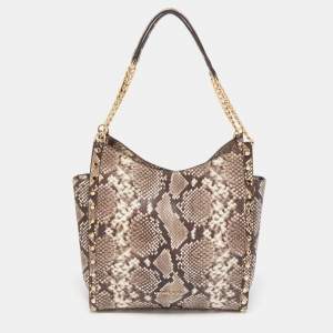 Pre Owned Michael Kors Beige Python Embossed Leather Medium Newbury Tote