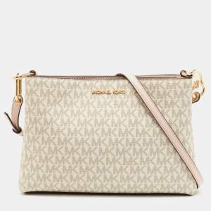 Pre Owned Michael Kors White/Pink Signature Coated Canvas and Leather Medium Trisha Crossbody Bag