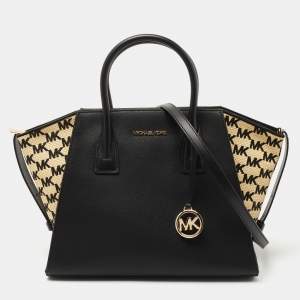 Pre Owned Michael Kors Black/Natural Faux Leather and Straw Avril Tote