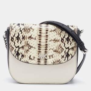 Pre Owned Michael Kors Cream/Black Leather and Python Effect Leather Half Dome Crossbody Bag 