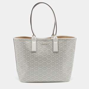 Pre Owned Michael Kors Grey/White Signature Coated Canvas and Leather Jodie Shopper Tote